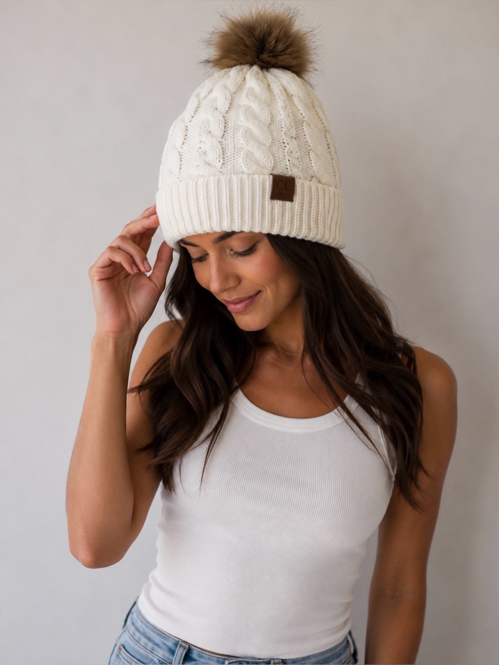 Cozy Cream C.C. Cable Knit Pom-Pom Beanie Hat OS